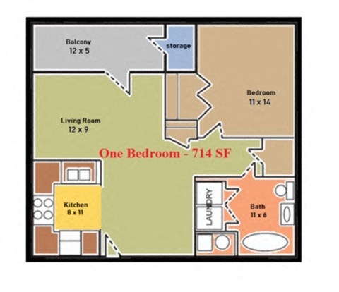 Floor plan for 1 bed, 1 bath, 714 sqft